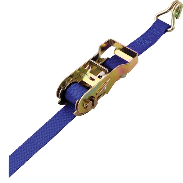 16' X 1 1/8" Ratchet, Zinc, Blue Webbing, Double J Hook 1.5" x2.5" x5.5"
